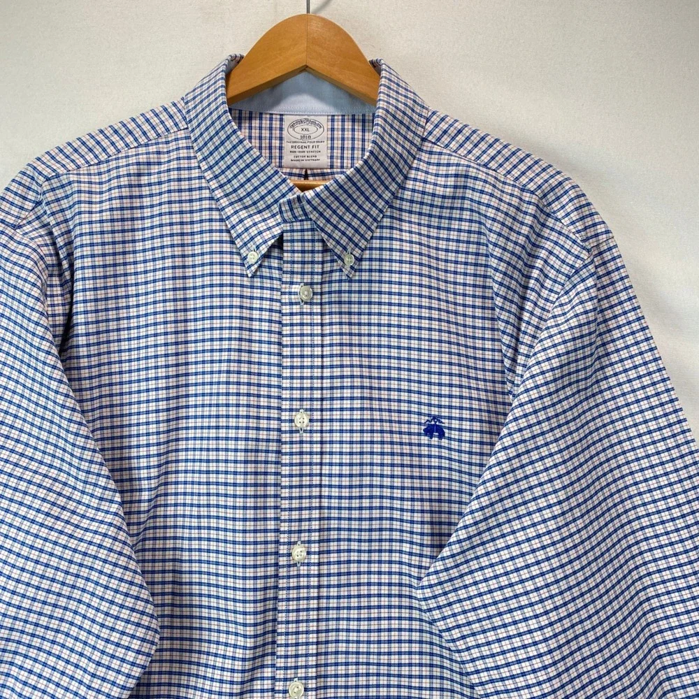 Brooks Brothers Regent Fit Mens XXL Blue Red Tattersall Non-Iron Stretch Shirt